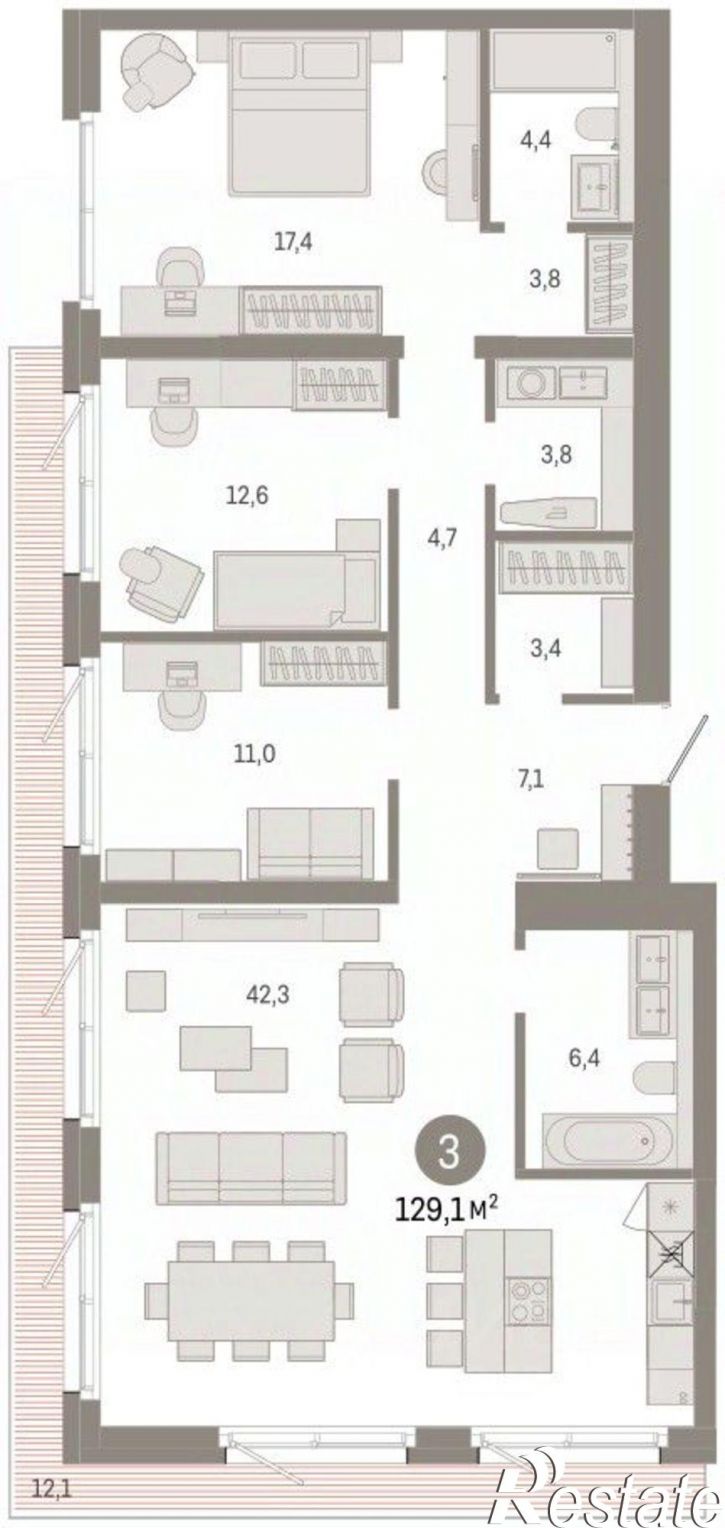 3-комн квартира в новом доме ул Журинская, 129А,  д. 129А