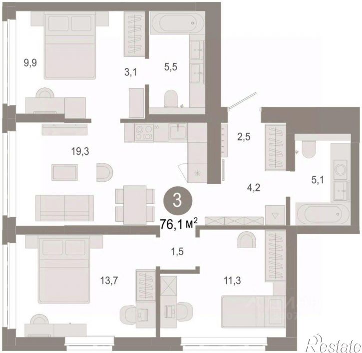 3-комн квартира в новом доме ул Есенина, 3/1 3,  д. 3/1 3,  к. 3