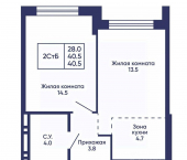 1-комн, 40 кв м, этаж 2/23 ул Грибоедова, 172