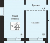 3-комн, 67 кв м, этаж 12/14 микрорайон Родники, ЖК Гренландия