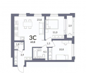 3-комн, 60 кв м, этаж 3/14 ул Эстафетная, 32