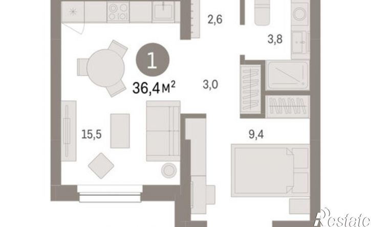 1-комн квартира в новом доме квартал Лебедевский, 1/4