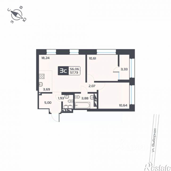 3-комн квартира в новом доме ул Выборная, 101/7,  д. 101/7