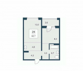 1-комн, 42 кв м, этаж 8/17 ул Сибиряков-Гвардейцев, 53/7