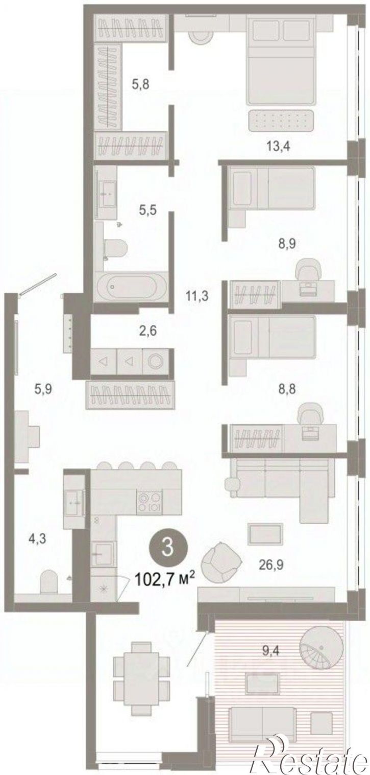 3-комн квартира в новом доме ул Есенина, 3/1 3,  д. 3/1 3,  к. 3