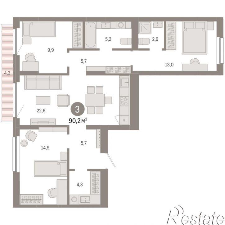 3-комн квартира в новом доме Георгия Колонды, 5