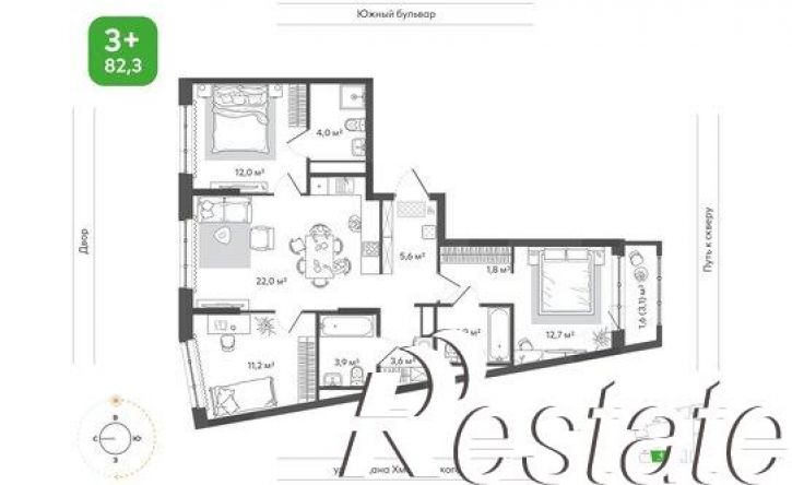 3-комн квартира в новом доме улица Богдана Хмельницкого, 148